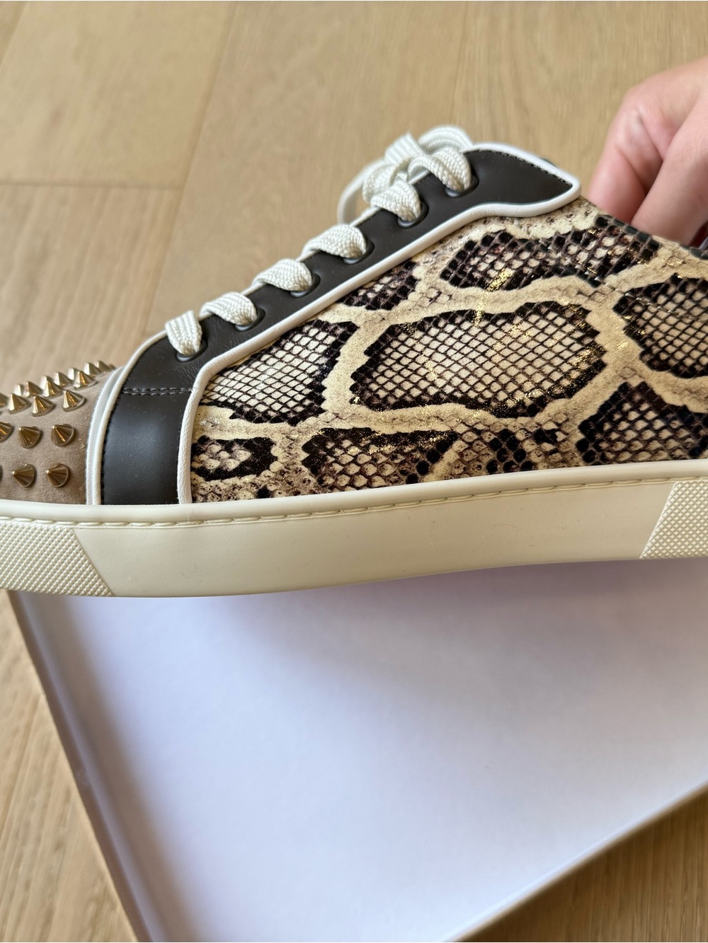 Christian Louboutin Studded Snake-Print Low-Top Sneakers in Black and Beige - Picture 4 of 8